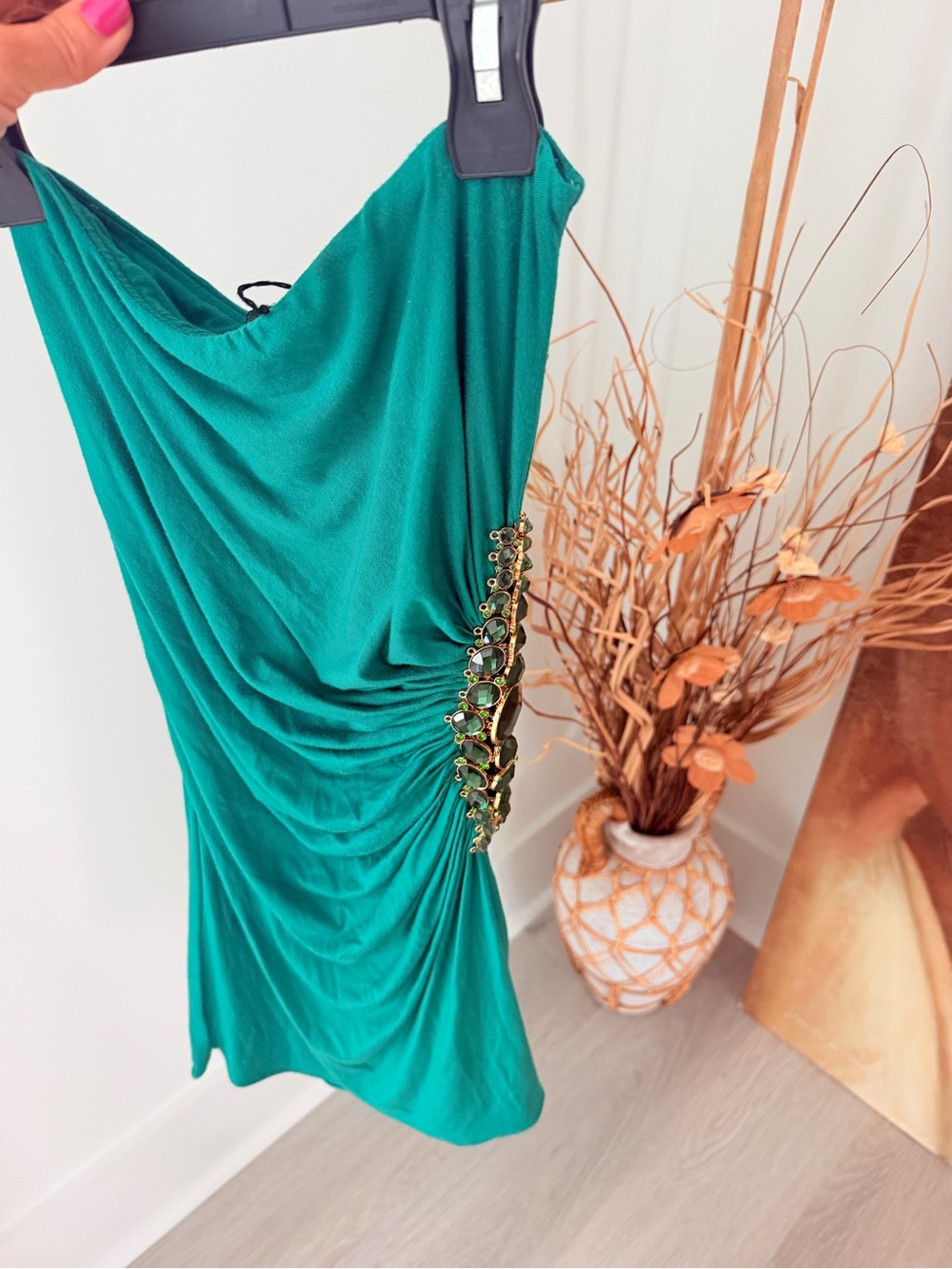 Sky Emerald Green One-Shoulder Mini Dress with Side Jewel Detail NWOT!
